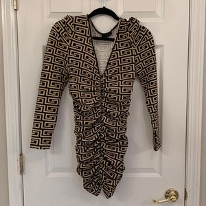 Tan and Black Print Ruched Long Sleeve Dress